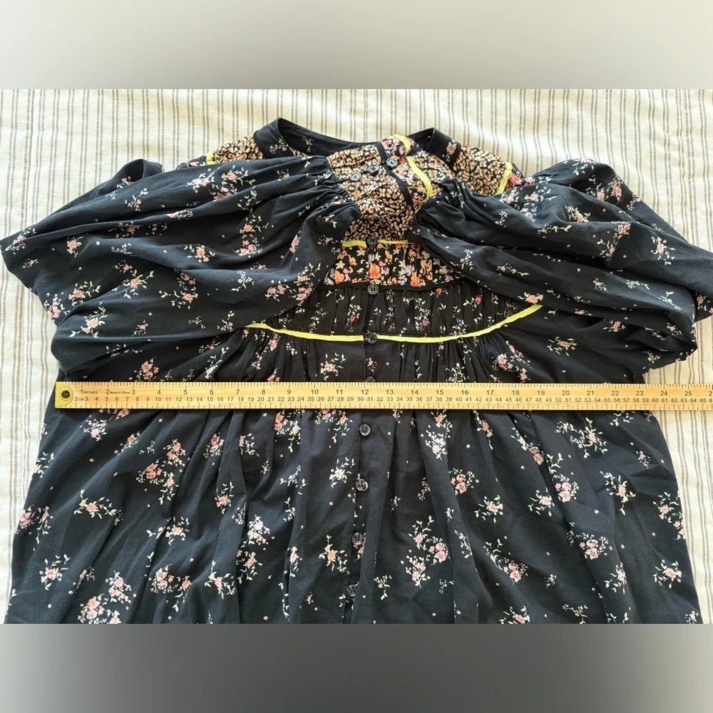 Free People Black Floral Button-Front Blouse with Neon Trim